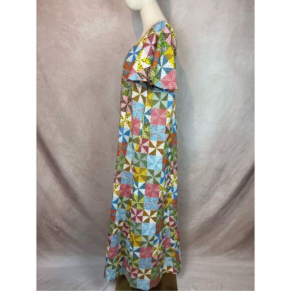 Vintage 1970s Groovy Patchwork Plus Size Dress Mod MCM Groovy - Picture 7 of 10